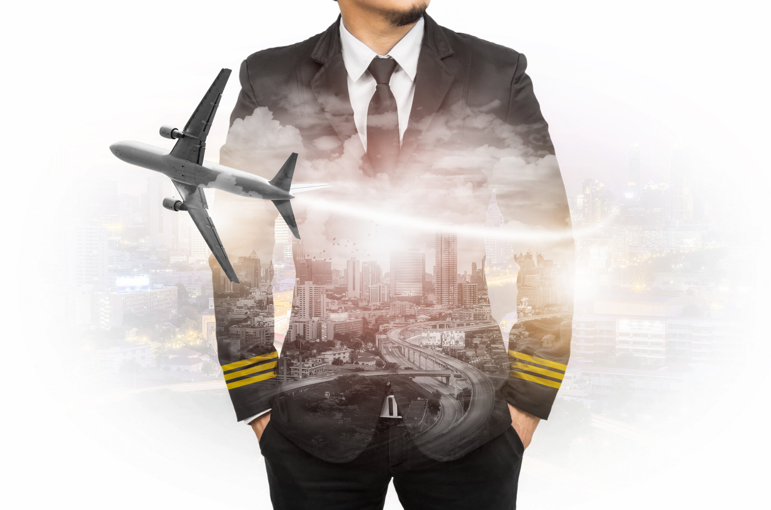 Double exposure pilot wearing suit with Skyscraper background and airplane.